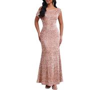IWFEV Women's Sequin Oblique Shoulder Mermaid Evening Short Sleeve Sparkly Party Gown Prom Maxi Dress M Camel