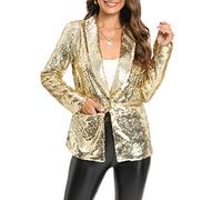 IWFEV Women's Sequins Blazer Long Sleeve Sparkle Open Front Jacket Shawl Collar Cardigan M Champagne