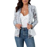 IWFEV Women's Sequins Blazer Long Sleeve Sparkle Open Front Jacket Shawl Collar Cardigan XXL Silver
