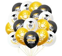 iwiio 18Pcs Graduation Balloons for Graduation Decorations, Class of 2025 Black Gold White Balloons with Golden Ribbons for Congratulations Party Supplies