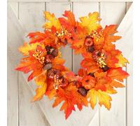 iwiio Autumn Wreath, Pumpkin Maple Leaf Decorations, Fall Wreath for Thanksgiving, Halloween, Harvest Festival, Orange, Pine, One Size, Round, Door Mount