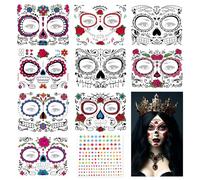 iwiio Day of the Dead Face Tattoos, 9pcs Temporary Stickers - Skeleton, Web, Red Rose Designs for Adults & Kids Halloween Masquerade Party