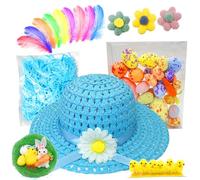 iwiio Easter Bonnet Kit - Easter Crafts for Kids, DIY Easter Hat Making Kit with Chicks, Feather, Carrots, Eggs, Nests, Flower, Easter Bonnet Decorations for Kids DIY Activity (Blue)