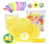 iwiio Easter Bonnet Kit - Easter Crafts for Kids, DIY Easter Hat Making Kit with Chicks, Feather, Carrots, Eggs, Nests, Flower, Easter Bonnet Decorations for Kids DIY Activity (Yellow)