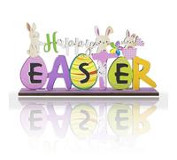 iwiio Easter Table Decorations, Happy Easter Wooden Sign, Easter Table Centerpiece, Bunny & Egg Tabletop Easter Figuring Decoration, Easter Ornaments for The Home Office