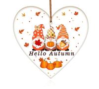 iwiio Hello Autumn Decorations Wooden Heart Hanging Plaque Printed Autumn Leaves, Pumpkin, Maple Accessories Decor for Thanksgiving