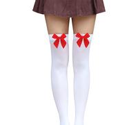 iwiio White Stockings with Bow, Halloween Stockings for Women, White Thigh High Socks with Bows for Halloween Costumes Fancy Dress, Fever Dress Up Accessories (Red)