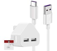 IWIO 3 Pin UK Mains Plug Charger 2.1A with 1M USB 3.1 to 5A USB C Charging Cable compatible with WileyFox Swift 2X - WHITE
