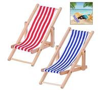 iwobi 2 Pcs Beach Style Chair,Mini Foldable Wooden Beach Chair,Miniature Summer Deck Chair,Doll Lounge Chair with Red/Blue Stripe Dollhouse Decoration