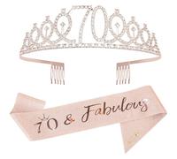 iwobi 70th Birthday Sash And Tiara For Woman,Rose Gold Birthday Crown Set,Crown And Shoulder Strap,Crown Headband Crystal Tiara For Women,70th Birthday Gifts,Party Decorations Supplies