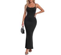 IWOLLENCE Bodycon Maxi Dresses for Women UK Slip Long Sexy Backless Spaghetti Strap Square Neck Tight Elegant Lounge Ribbed Dress with Stretch (Black, XL)
