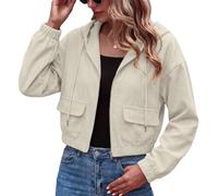 IWOLLENCE Bomber Jacket Women Cropped Zip Up Hoodie | Funnel Neck Hooded with Flap Pockets Corduroy Drawstring Box Jackets Casual