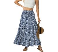 IWOLLENCE Maxi Skirts for Women UK Long Ladies Elasticated Waist A Line Flowy Two Side Pockets with Drawstring Lightweight and Breathable(Blue White Flower, M)