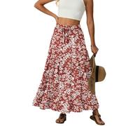 IWOLLENCE Maxi Skirts for Women UK Long Ladies Elasticated Waist A Line Flowy Two Side Pockets with Drawstring Lightweight and Breathable(Red Pineapple, L)