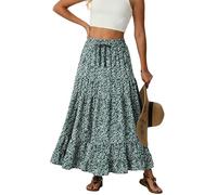 IWOLLENCE Maxi Skirts for Women UK Long Ladies Elasticated Waist A Line Flowy Two Side Pockets with Drawstring Lightweight and Breathable(Green White Flower, XL)