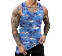 IWOLLENCE Mens Vest Tops Cotton Summer Hawaiian Printed Round Neck Beach Mens Holiday Vests Casual Sleeveless Tshirt Men (Blue Coco Flamingo, XXL)