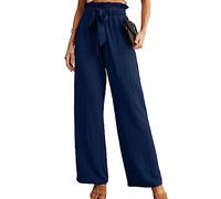 IWOLLENCE Navy Wide Leg Trousers for Women UK Palazzo Trousers Elasticated High Waist Ladies Work Casual Pleated Paperbag Pull On Trousers