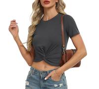 IWOLLENCE Slim Fit Crop Tops for Women Twist Front Y2K Short Sleeve Crew Neck Summer Casual Basics T-Shirt (Dark Gray, L)