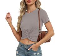 IWOLLENCE Slim Fit Crop Tops for Women Twist Front Y2K Short Sleeve Crew Neck Summer Casual Basics T-Shirt (Taupe, XS)