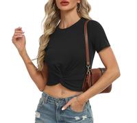 IWOLLENCE Slim Fit Crop Tops for Women Twist Front Y2K Short Sleeve Crew Neck Summer Casual Basics T-Shirt (Black, S)