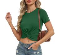 IWOLLENCE Slim Fit Crop Tops for Women Twist Front Y2K Short Sleeve Crew Neck Summer Casual Basics T-Shirt (Dark Green, L)