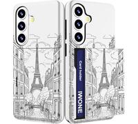 IWONE Compatible with Galaxy S26 Case with Card Holder Cute Shockproof Drop Protection Phone Wallet Slot Cover Cases for Women - Black Eiffel Tower Paris