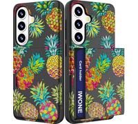 IWONE Compatible with Galaxy S26+ Plus Case with Card Holder Cute Shockproof Drop Protection Phone Wallet Slot Cover Cases for Women - Green Pineapples Fruits Exotic