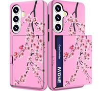 IWONE Compatible with Galaxy S26+ Plus Case with Card Holder Cute Shockproof Drop Protection Phone Wallet Slot Cover Cases for Women - Pink Blooming Sakura Cherry
