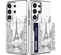 IWONE Compatible with Galaxy S26 Ultra Case with Card Holder Cute Shockproof Drop Protection Phone Wallet Slot Cover Cases for Women - Black Eiffel Tower Paris