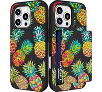 IWONE Compatible with iPhone 13 Pro Case with Card Holder Cute Shockproof Drop Protection Phone Wallet Slot Cover Cases for Women - Green Pineapples Fruits Exotic