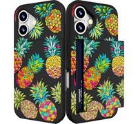 IWONE Compatible with Iphonecard Case with Card Holder Cute Shockproof Drop Protection Phone Wallet Slot Cover Cases for Women - Green Pineapples Fruits Exotic