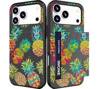 IWONE Compatible with IphoneCard Pro Max Case with Card Holder Cute Shockproof Drop Protection Phone Wallet Slot Cover Cases for Women - Green Pineapples Fruits Exotic