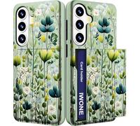IWONE Compatible with Samsung Galaxy S25 FE Case with Card Holder Cute Shockproof Drop Protection Phone Wallet Slot Cover Cases for Women - Green Botanical Plants Tropical