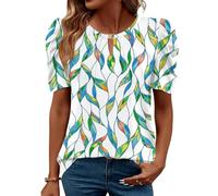 iWoo Women Tops Short Sleeve T-Shirt Elegant Crew Neck Blouses Gigot Sleeve Shirt Womens Tunic Blouses Shirts White Colorful Leaf L