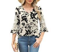 iWoo Women's Blouses & Shirts 3/4 Length Sleeve Top Lace Ruffles Sleeve Blouse V Neck Dressy Fashion T Shirts Summer Casual Tunic(Black Floral,S)