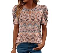 iWoo Women's Blouses & Shirts Summer Tops Casual Crew Neck Pleated Short Sleeve T Shirts Gigot Sleeve Floral Printed Fashion Tunic Blouse Red Boho XL