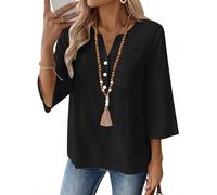 iWoo Womens Cotton Linen V Neck 3/4 Sleeve Blouse Loose Fit Shirt | Loose Fit Casual Outfits, Elegant Blouses, Trendy Fall Tops and Early Fall Womens Fashion