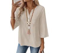 iWoo Womens Cotton Linen V Neck 3/4 Sleeve Blouse Loose Fit Shirt | Loose Fit Casual Outfits, Elegant Blouses, Trendy Fall Tops and Early Fall Womens Fashion