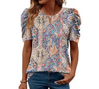 iWoo Womens Crew Neck Tops Puff Short Sleeve T-Shirt Pleated Floral Printed Tunic Blouse Shirts Old Nation Print M