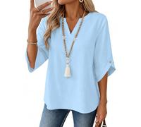 iWoo Womens Tops Plus Size 3/4 Sleeves Blouses V-Neck Casual Loose Fit Tunic Sky Blue