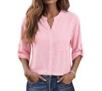 iWoo Womens V Neck Tops Button Down Shirt 3/4 Sleeve Blouse Fashion Tunic | Soft Breathable Fabric,Adjustable Roll-Up Cuffs with Button Tab,Functional Chest Pocket,Easy-Care Material,Four-Season Wear