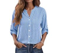 iWoo Womens V Neck Tops Button Down Shirt 3/4 Sleeve Blouse Fashion Tunic | Soft Breathable Fabric,Adjustable Roll-Up Cuffs with Button Tab,Functional Chest Pocket,Easy-Care Material,Four-Season Wear