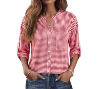 iWoo Womens V Neck Tops Button Down Shirt 3/4 Sleeve Blouse Fashion Tunic | Soft Breathable Fabric,Adjustable Roll-Up Cuffs with Button Tab,Functional Chest Pocket,Easy-Care Material,Four-Season Wear
