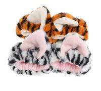 IWOWHERO 2 Pcs Adjustable Elastic Makeup Headband with Cute Animal Ears Yellow and White Tiger Print Soft Fuzzy Hairband for Women Stretchable Spa Skincare Face Wash Head Wraps