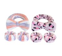 IWOWHERO 2 Sets Spa Headband and Wristband for Women Soft Cloth Material with Adorable Bow Design Prevents Water Flow During Face Washing for Skincare Makeup Spa Shower Pink Leopard Blue