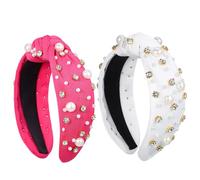 IWOWHERO 2pcs Beaded Headband Top Knot Knotted Wide Pearl Headband for Women Hair Accessory Party Bridal Headpiece Hair Hoops