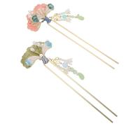 IWOWHERO 2pcs Handmade U Shaped Hairpin with Flower Tassel Enamel Coated Metal Hair Chopsticks for Secure Hold Vintage Chinese Hanfu Costume Accessories for Women and Pink Green