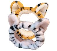 IWOWHERO 2pcs Plush Tiger Ears Headband Wide Stretch Elastic Hair Band for Women Face Wash Skincare Spa Use White and Yellow