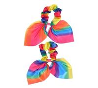IWOWHERO 2pcs Rainbow Rabbit Ear Hair Ties with Tassels Chic Cloth Hair Bands for Women Stylish Ponytail Holders for Everyday Wear and Special Occasions