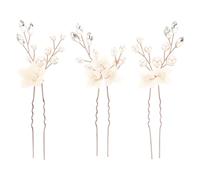 IWOWHERO 3pcs U-shaped Bridal Hair Pins Set with White Flower and Rose Gold Rhinestones Decorative Hair Accessories for Bride Bridesmaids and Flower Wedding Jewelry